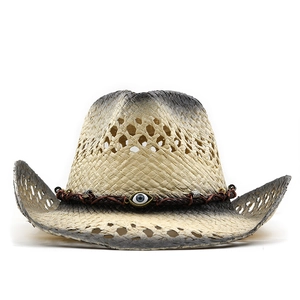 Men's breathable straw cowboy hat with evil eye bead detail and wide brim for sun protection