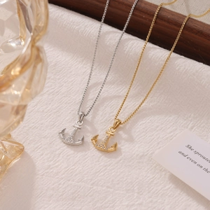Collier Ancre en Acier Titane Pendentif Collier Style Punk Strass Incrusté Or Argent Bijoux pour Hommes Femmes Accessoire