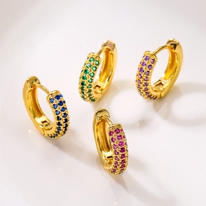Exquisite gold plated hoop earrings set with blue, green, and purple zircon stones