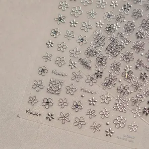 Autocollants 3D argentés pour ongles avec motifs floraux, grille et relief métallique