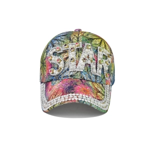 Detail of STAR logo with pearls and colorful rhinestones on a patterned baseball cap
