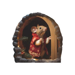 Detail of 3D Christmas mouse wall sticker wearing a red snowflake coat in a stone hole