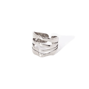 Detailed close-up of a silver multi-layer wavy open ring in a modern geometric style
