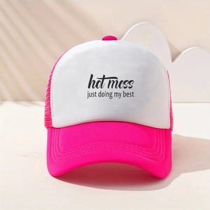 Pink and white trucker hat featuring Hot Mess Just Doing My Best slogan in bold print