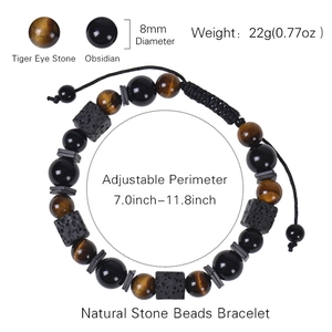 Adjustable natural tiger eye and obsidian 8mm stone bead bracelet for men and women