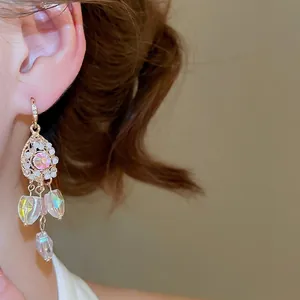 French vintage style drop earrings with pink crystal heart and aurora tassel pendants