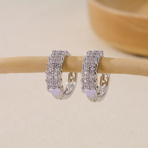 Elegant silver hoop earrings with multi-row zircon micro-paving on a wooden display