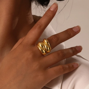 Chunky multilayer twisted 18K gold plated stainless steel teardrop ring for women