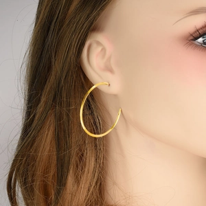 Minimalist gold 304 stainless steel hoop earrings worn by a model on grey background