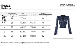 Size chart detail for V-neck lace long sleeve top with bust and waist measurements in cm