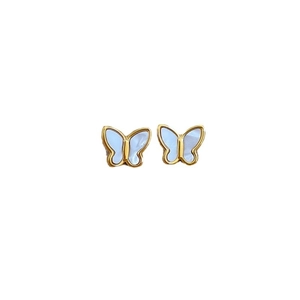 Elegant pair of titanium steel butterfly stud earrings with gold trim and white inlay