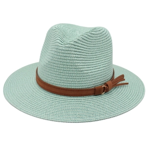 Detail of mint green woven panama hat showing the brown leather band and straw texture