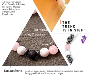 Dettaglio del bracciale in pietre naturali con quarzo rosa e lava per polsi da 7 pollici