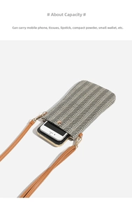 Vertical woven crossbody phone bag with herringbone pattern and brown leather strap detail