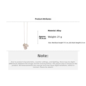 Detailed view of long metallic necklace showing 79.4cm chain length and triple leaf pendant
