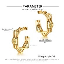 Detailed specs of geometric hollow gold earrings in stainless steel with measurements