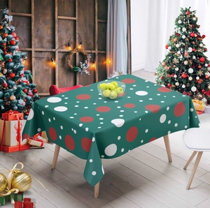 Festive red and white polka dot green Christmas tablecloth for rectangular dining tables