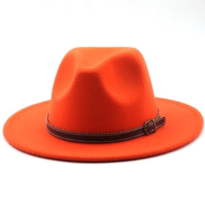 Classic bright orange wide brim wool fedora hat with a brown faux leather buckle band