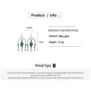 Detailed spec sheet of snake tassel earrings showing size 7cm height and 12.3g weight