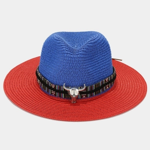 Ethnic straw Panama hat with bull head ornament in blue and red contrast design