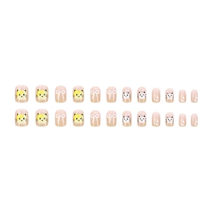 Short square pink press-on nails with cartoon cat and bow patterns, 24 piece set