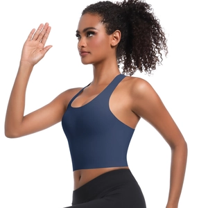 Vue latérale du soutien-gorge de sport bleu foncé en tissu sans couture élastique