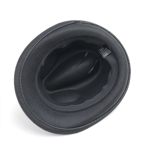 Internal view of black polyester felt hat showing sweatband and size label details