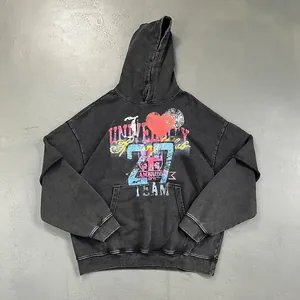 Retro Streetstyle Hoodie aus schwerer Baumwolle in Washed Grey mit Uni-Print-Grafik