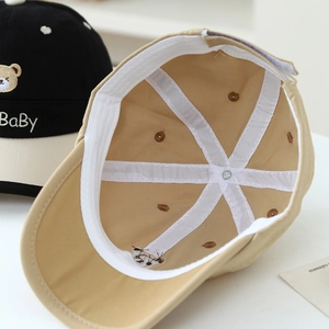 Detail view showing internal stitching and embroidery of bear cotton baseball cap