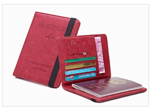 Detail view of red RFID passport holder with multiple card slots and secure elastic band