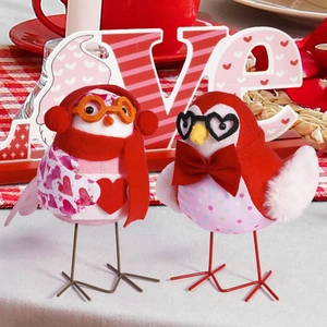 Close-up of cute Valentine's couple birds with glasses, scarves and heart patterns