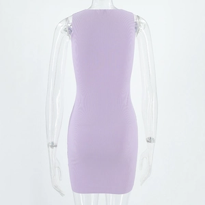 Rear view detail of purple sleeveless ribbed bodycon dress on a mannequin