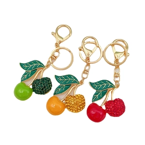 Creative cherry alloy keychains with rhinestones in red, green and yellow colors