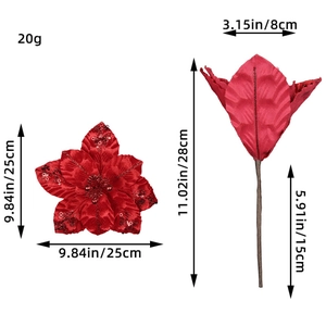 25cm Red Glitter Poinsettia Flower with dimensions and scale for Christmas decoration
