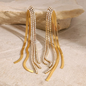 Elegant gold plated stainless steel fringe drop earrings with sparkling rhinestone tassels