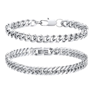 Men's hip hop style stainless steel cuban chain bracelet set with silver finish