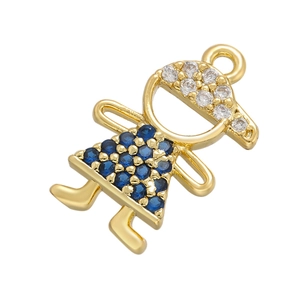 Detailed view of girl pendant with blue zircon stones and gold plating for jewelry making