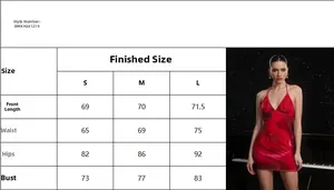Size chart detail for red printed sequin backless mini dress showing measurements