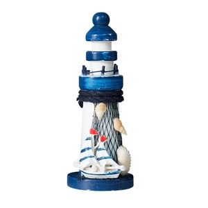 Mediterranean blue and white wooden lighthouse ornament with seashells and fishnets