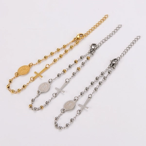 Three-piece stainless steel beaded bracelets with Virgin Mary medal and cross pendants