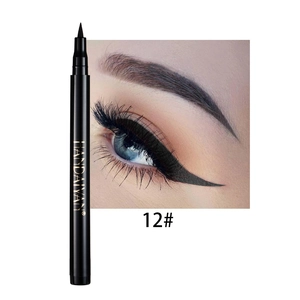 Macro shot of black waterproof liquid eyeliner with applicator tip and eye makeup result