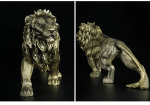 Detailed views of lion resin sculpture with metallic gold finish and muscle texture
