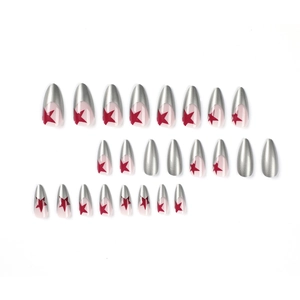 Almond press-on nails set featuring silver French tips and red metallic star patterns