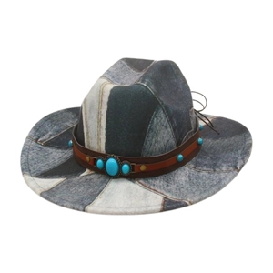 Western patchwork denim cowboy hat with leather band and turquoise stone accents