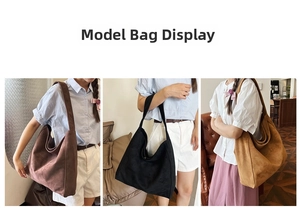 Three minimalist large hobo bags in coffee, black and camel brown suede finish