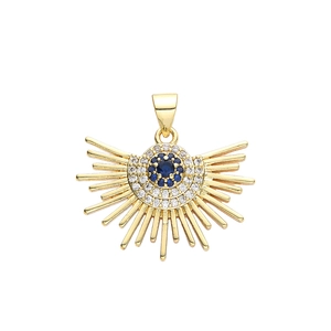 Golden sunburst pendant necklace with blue evil eye stone and sparkling zircon accents