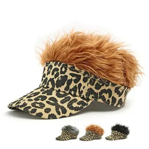 Leopard Print Visor Hat With Funny Spiky Wig Synthetic Fiber Adjustable Novelty Party Cap For Men And Women