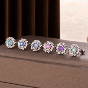 Set of 6 stainless steel flower cartilage studs with colorful gems and crystals