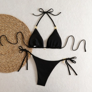 Sexy black halter bikini set with golden star charms and side-tie high cut bottoms