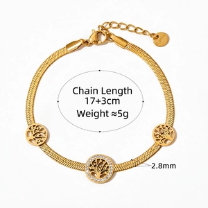 Golden stainless steel snake chain bracelet featuring tree of life charms and zircon accents